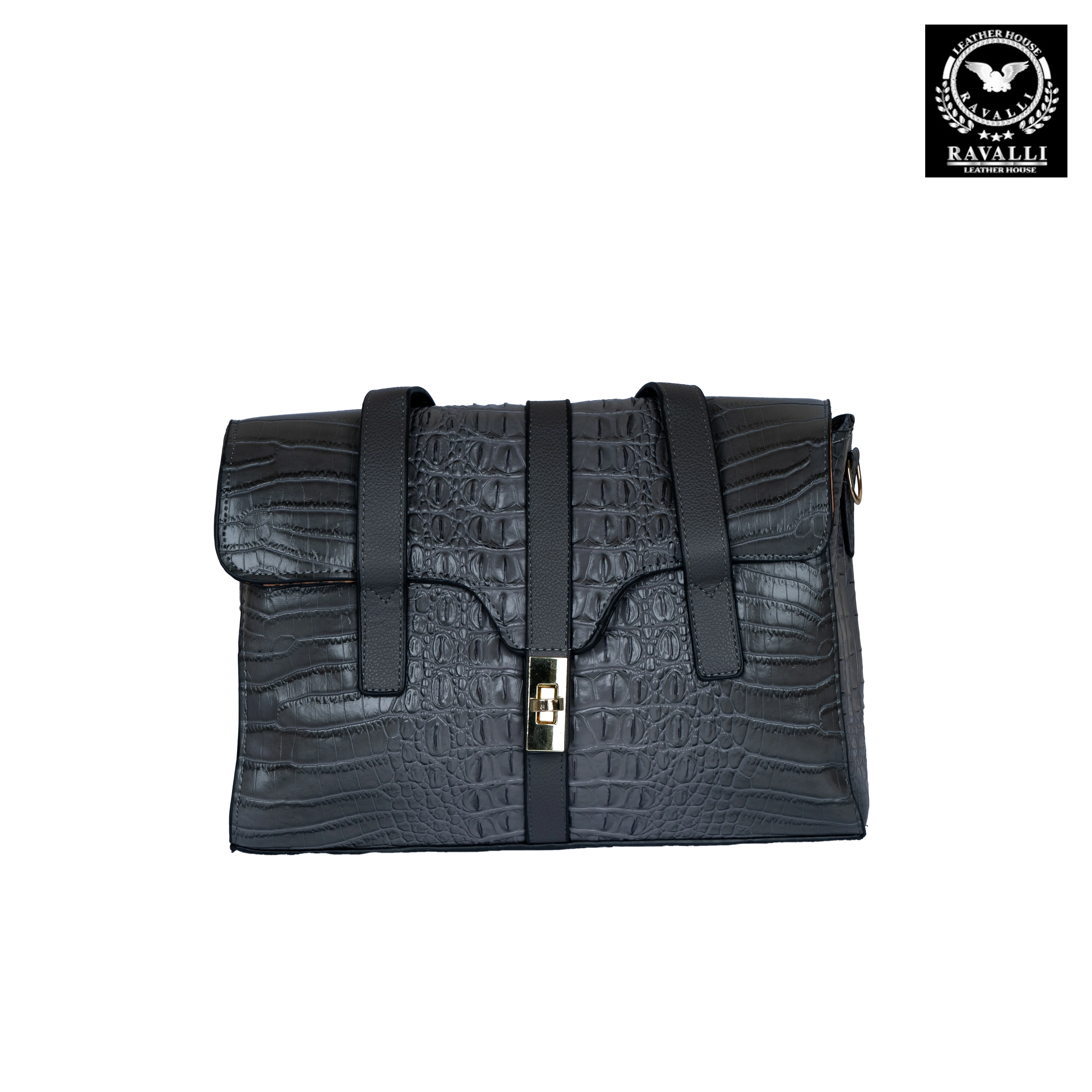 Classic Croc-Pattern Handbag with Gold Lock & Twin Straps