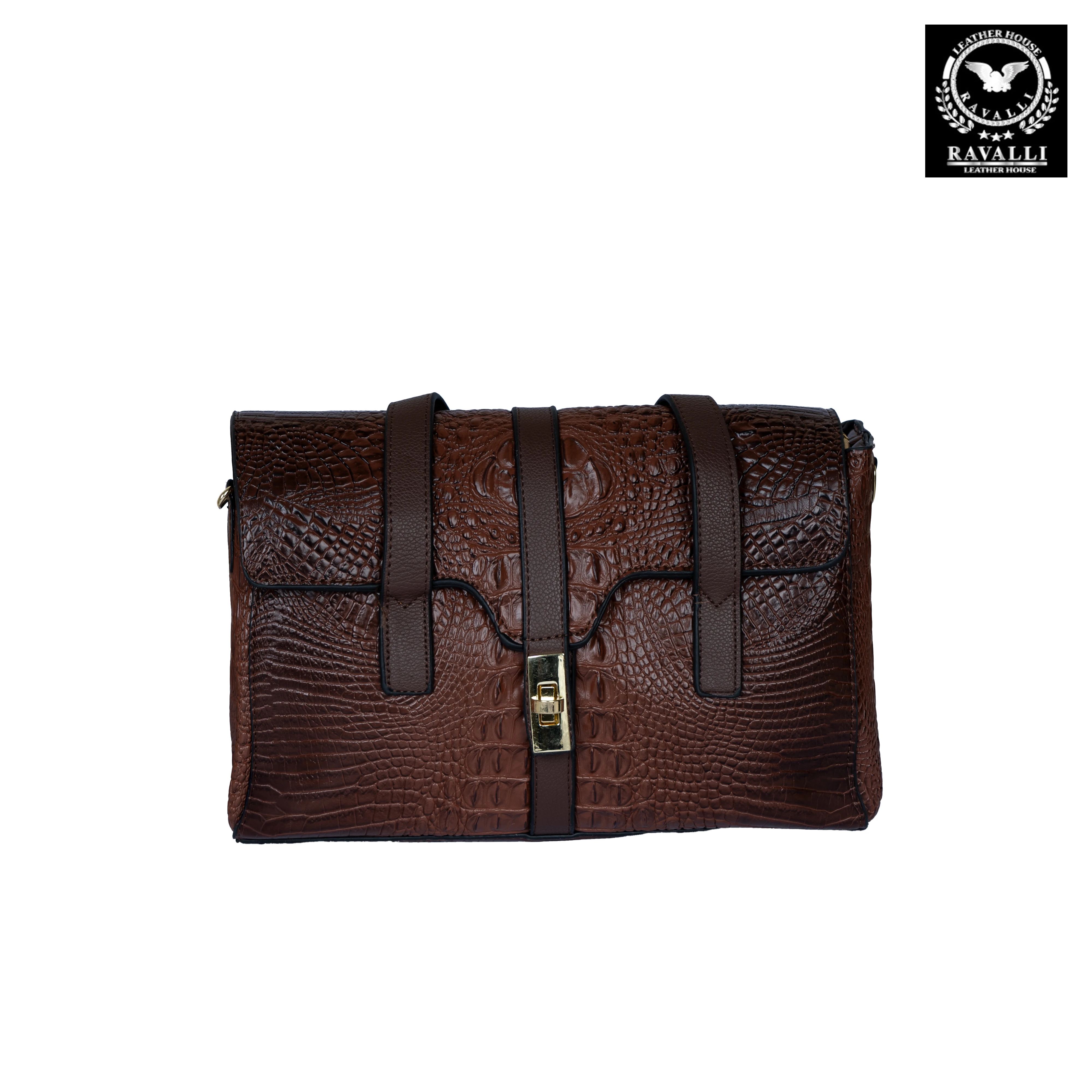 Classic Croc-Pattern Handbag with Gold Lock & Twin Straps