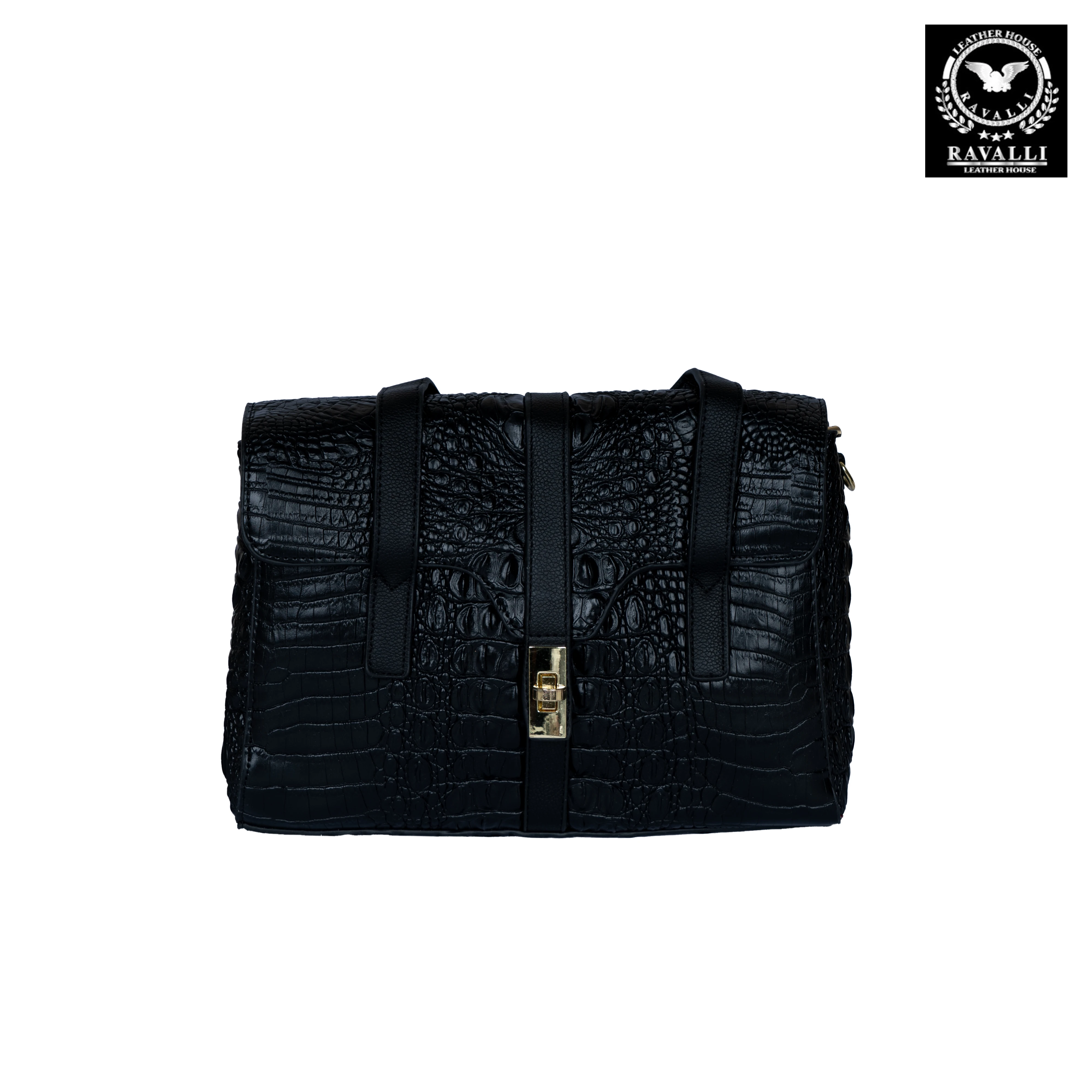 Classic Croc-Pattern Handbag with Gold Lock & Twin Straps