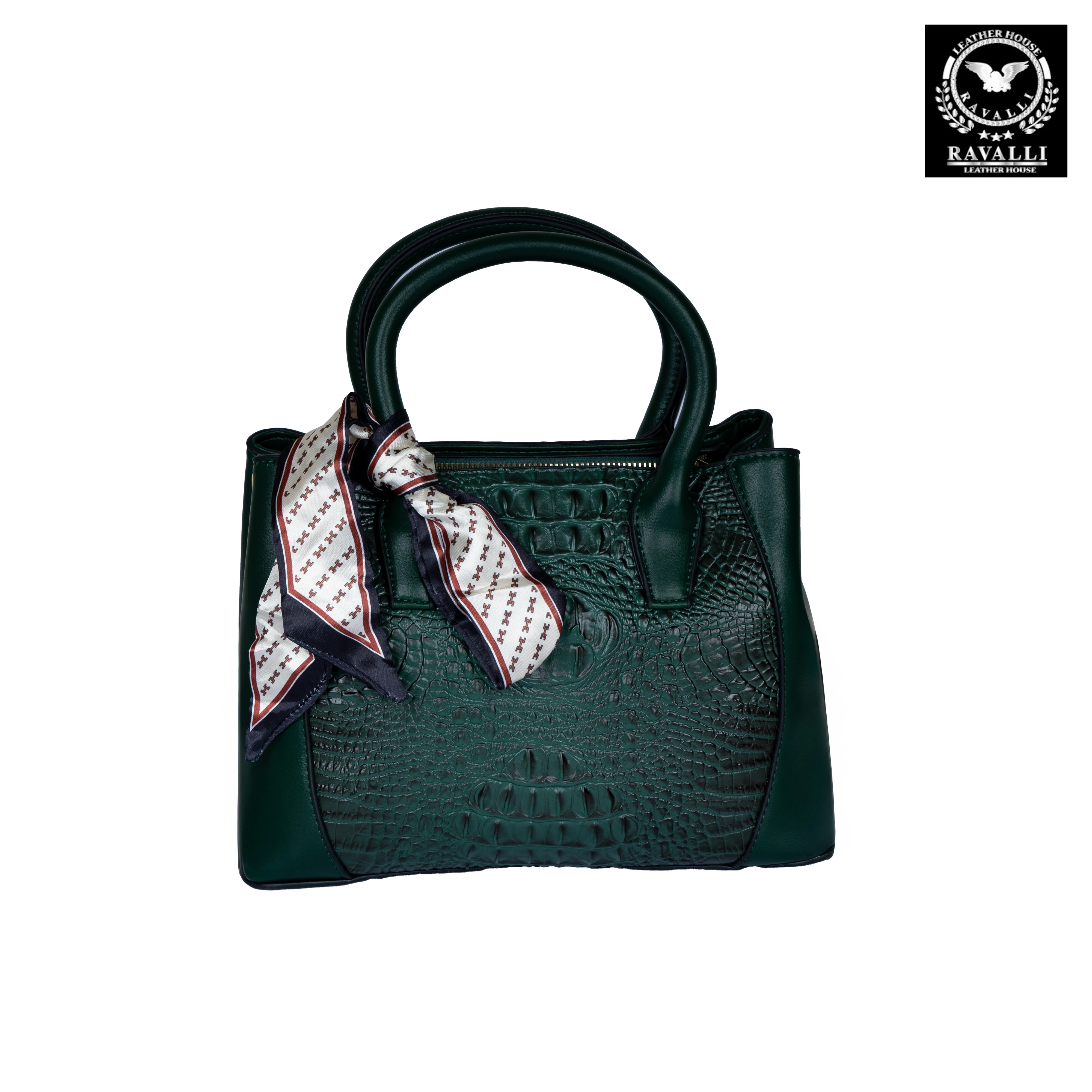 Luxury Croc-Embossed Handbag with Silk Scarf Accent