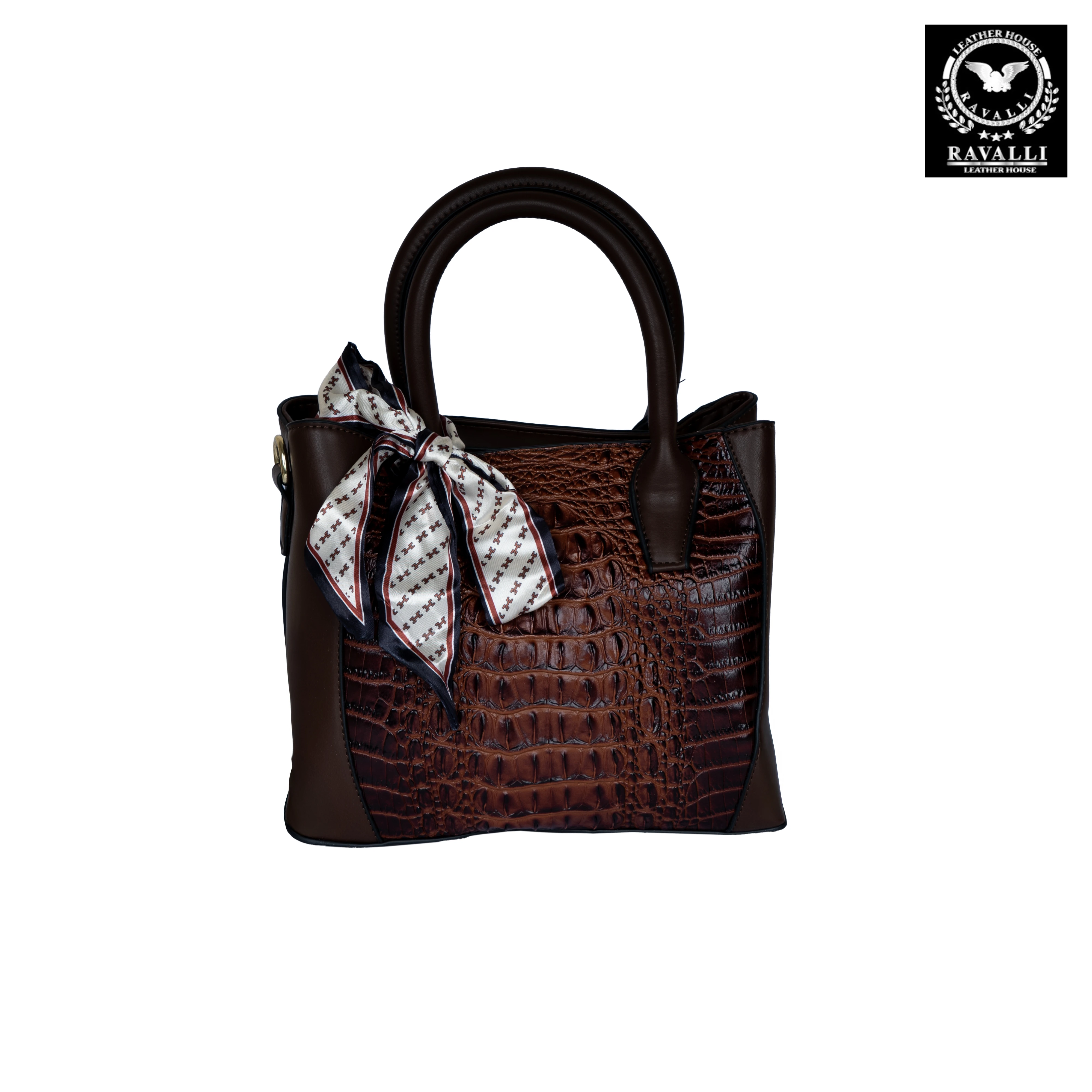 Luxury Croc-Embossed Handbag with Silk Scarf Accent